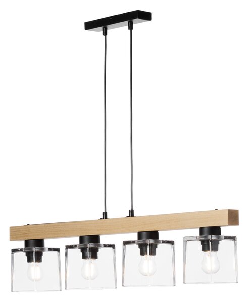 Light for home - Dřevěné závěsné svítidlo s unikátními skleněnými stínidly 40409 "Rustic Radiance", 4x60W, E27, černá, přírodní buk