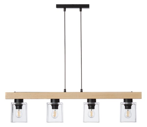 Light for home - Dřevěné závěsné svítidlo s unikátními skleněnými stínidly 40409 "Rustic Radiance", 4x60W, E27, černá, přírodní buk