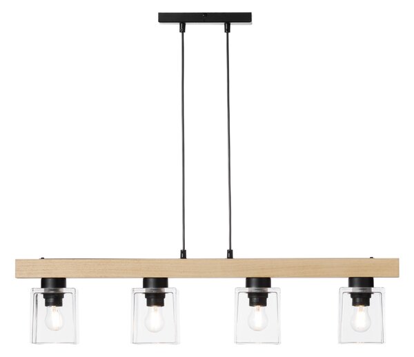 Light for home - Dřevěné závěsné svítidlo s unikátními skleněnými stínidly 40409 "Rustic Radiance", 4x60W, E27, černá, přírodní buk