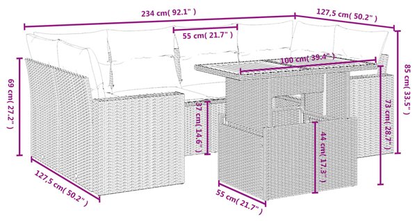7dílná zahradní sedací souprava s poduškami černá polyratan 3271209