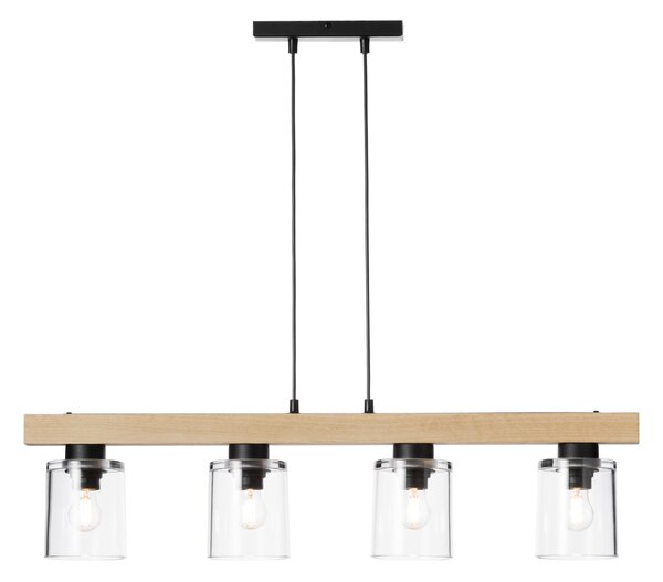 Light for home - Dřevěné závěsné s transparentním skleněnými stínidly 40409 "Rustic Radiance", 4x60W, E27, černá, přírodní buk