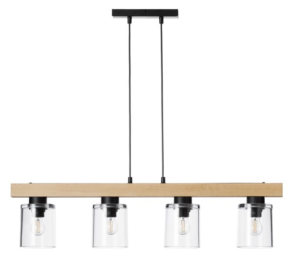 Light for home - Dřevěné závěsné s transparentním skleněnými stínidly 40409 "Rustic Radiance", 4x60W, E27, černá, přírodní buk