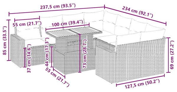 9dílná zahradní sedací souprava s poduškami béžová polyratan 3271240