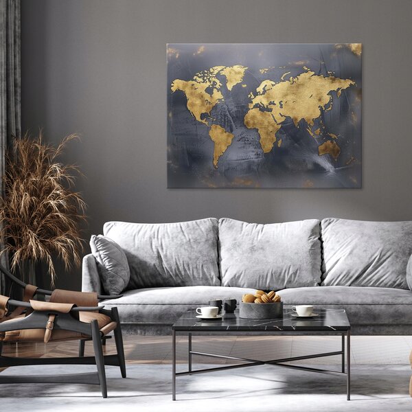 OBRAZ MAPA SVĚTA ČERNÁ ZLATÁ MODERNÍ NA PLÁTNĚ NA ZEĎ 100x70