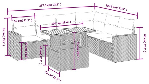 7dílná zahradní sedací souprava s poduškami černá polyratan 3271328