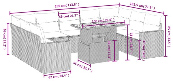 10dílná zahradní sedací souprava s poduškami černá polyratan 3271455