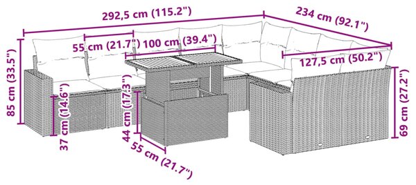 10dílná zahradní sedací souprava s poduškami černá polyratan 3271468