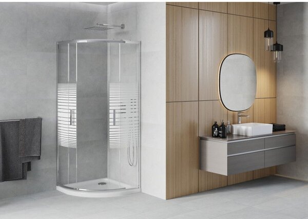 Mexen Rio polokruhový sprchový kout 90 x 90 cm, bílé pruhy, chrom + vanička Flat, bílá - 863-090-090-01-20-4110