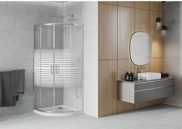 Mexen Rio polokruhový sprchový kout 90 x 90 cm, bílé pruhy, chrom + vanička Flat, bílá - 863-090-090-01-20-4110