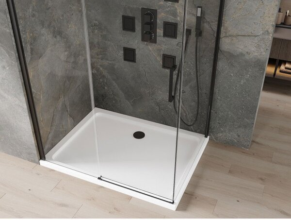 Mexen Omega sprchový kout posuvný 120 x 90 cm, transparentní, černý + sprchová vanička Flat, bílá - 825-120-090-70-00-4010B