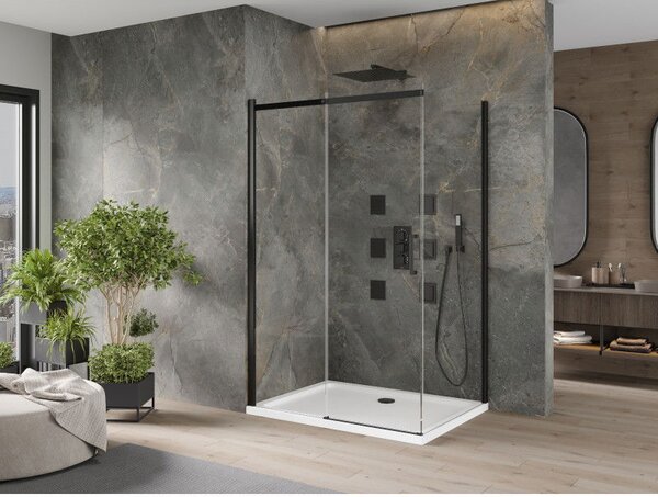 Mexen Omega sprchový kout posuvný 120 x 90 cm, transparentní, černý + sprchová vanička Flat, bílá - 825-120-090-70-00-4010B