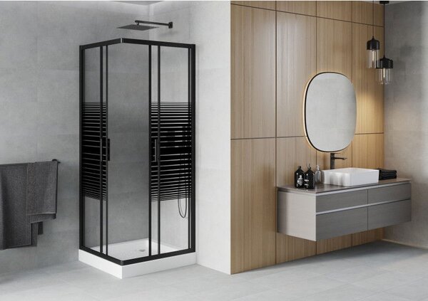 Mexen Rio čtvercový sprchový kout 80 x 80 cm, černé pruhy, černý + vanička, bílý - 860-080-080-70-20-4510