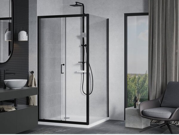 Mexen Apia sprchový kout posuvný 90 x 90 cm, transparentní, černý + vanička Flat, bílá - 840-090-090-70-00-4010B