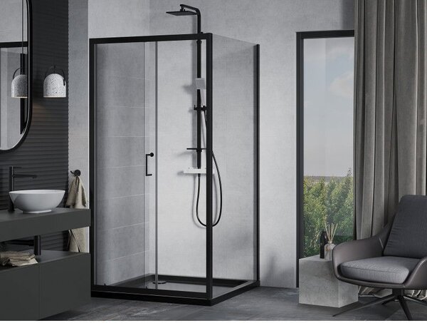 Mexen Apia posuvný sprchový kout 90 x 90 cm, transparentní, černý + sprchová vanička Flat, černá - 840-090-090-70-00-4070B