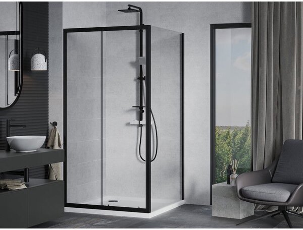 Mexen Apia sprchový kout posuvný 90 x 90 cm, transparentní, černý + vanička Flat, bílá - 840-090-090-70-00-4010B