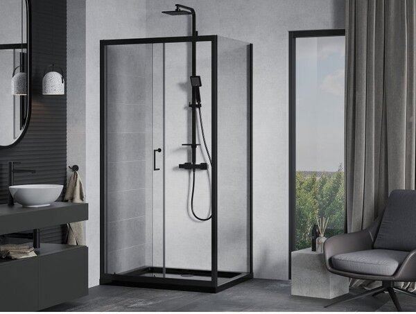 Mexen Apia sprchový kout posuvný 90 x 70 cm, transparentní, černý + vanička Flat, černá - 840-090-070-70-00-4070B