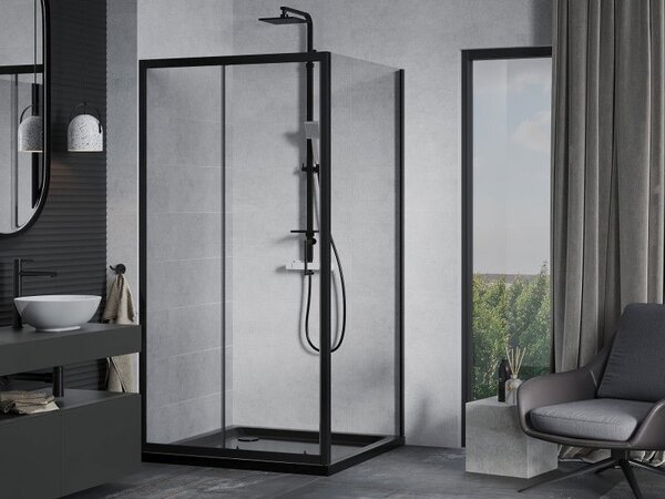 Mexen Apia posuvný sprchový kout 90 x 90 cm, transparentní, černý + sprchová vanička Flat, černá - 840-090-090-70-00-4070B