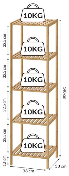 Casaria Bambusový regál 5 polic 140 x 33 x 33 cm 107918