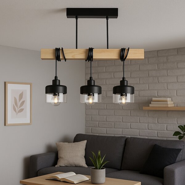 Závěsná lampa Masterled s 3 body světla, černé dřevo