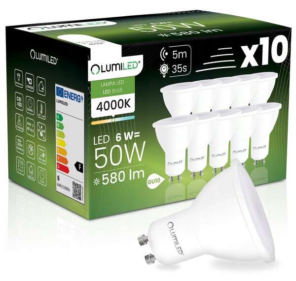 10x LED žárovka GU10 reflektor PAR16 6W = 50W 580LM 4000K neutrální bílá Lumiled