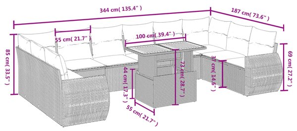 11dílný zahradní sedací souprava s poduškami béžový polyratan 3272368
