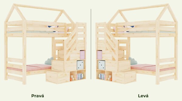 Domečková patrová postel ALPY s předními úložnými schody 90x200 cm - Transparentní lazura
