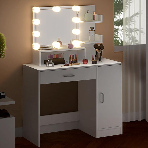 FurniGO Toaletní stolek Jocelyn s LED osvětlením 140x90x40 cm - bílý
