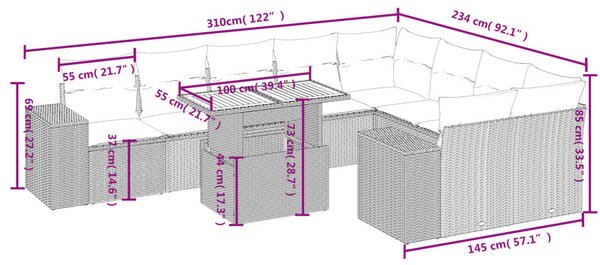 10dílná zahradní sedací souprava s poduškami černá polyratan 3272791