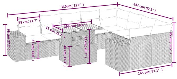 10dílná zahradní sedací souprava s poduškami béžová polyratan 3272794