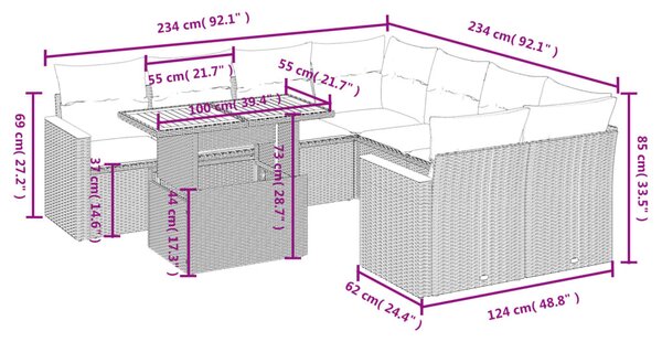 9dílná zahradní sedací souprava s poduškami béžová polyratan 3273005