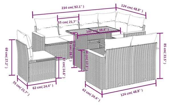 9dílná zahradní sedací souprava s poduškami černá polyratan 3273169