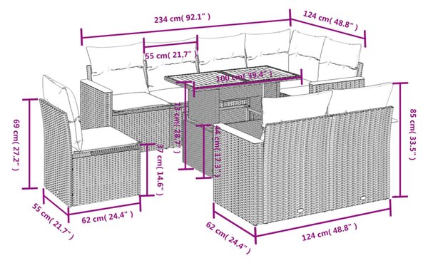 9dílná zahradní sedací souprava s poduškami béžová polyratan 3273173