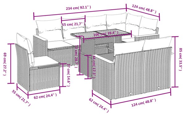 9dílná zahradní sedací souprava s poduškami černá polyratan 3273170