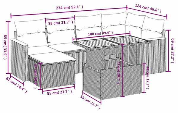 7dílná zahradní sedací souprava s poduškami černá polyratan 3273176