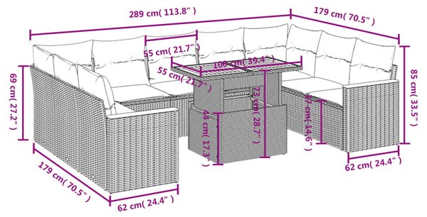 10dílná zahradní sedací souprava s poduškami černá polyratan 3273219