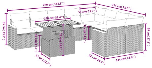 10dílná zahradní sedací souprava s poduškami béžová polyratan 3273236