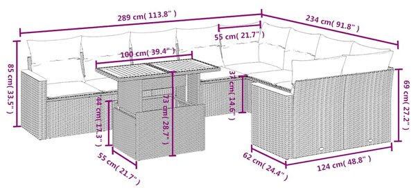 10dílná zahradní sedací souprava s poduškami černá polyratan 3273232