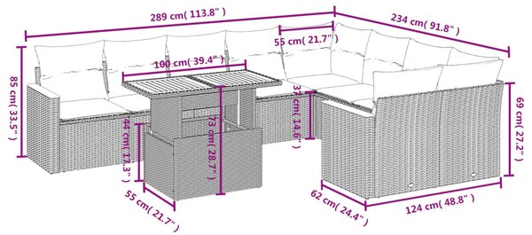 10dílná zahradní sedací souprava s poduškami černá polyratan 3273233