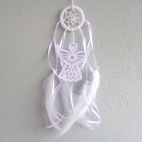Filcové šití, Lapač snů v bílé barvě s andílkem, průměr 4 cm, 0402