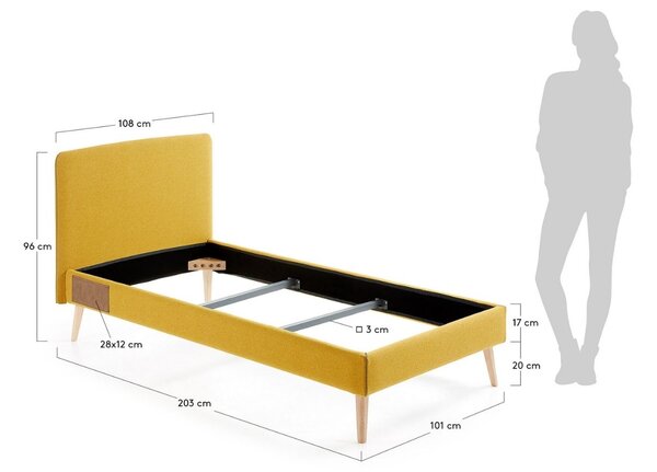Hořčicově žlutá látková jednolůžková postel Kave Home Dyla 90 x 190 cm