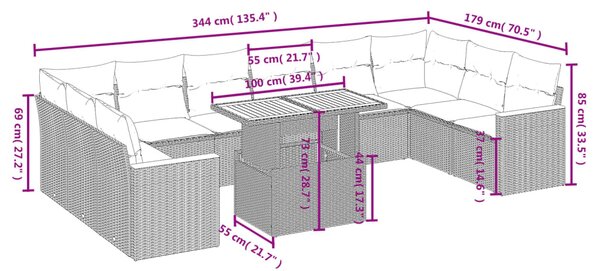 11dílná zahradní sedací souprava s poduškami šedá polyratan 3273251