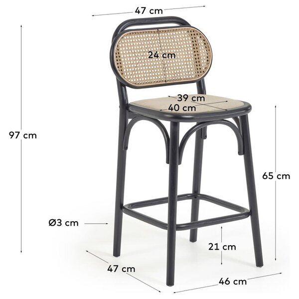 Černá dubová barová židle Kave Home Doriane s ratanovým opěradlem 65 cm