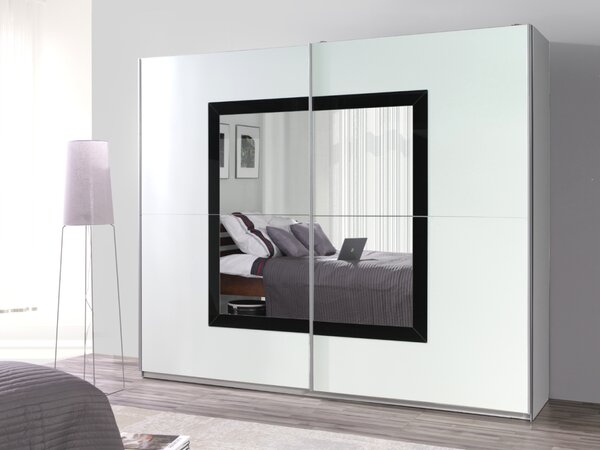 MARIDEX SKŘÍNĚ Šatní skříň - LUX 31 se zrcadlem, matná bílá/lesklá bílá/černý rám zrcadla