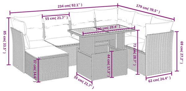 8dílná zahradní sedací souprava s poduškami šedá polyratan 3275496
