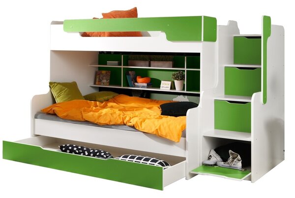 Patrová postel HARRY pro 3 osoby včetně úložného prostoru (Zelená)