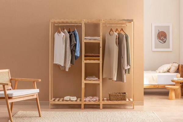 Dřevěná otevřená šatní skříň s 2 skříňovými tyčemi Pinoxi, 150 cm