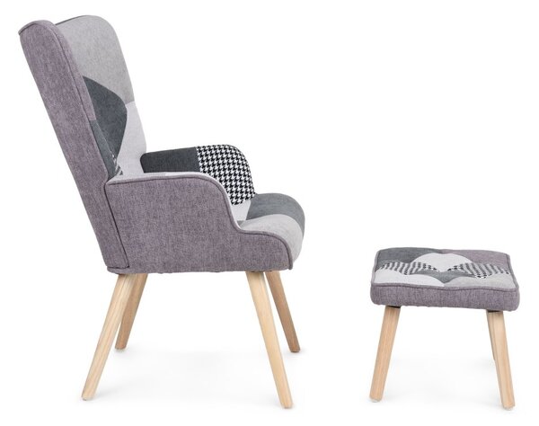 Relaxační křeslo ušák LISA + taburet — masiv, látka, černobílý patchwork