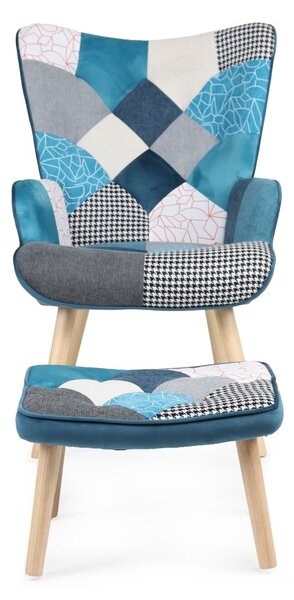 Relaxační křeslo ušák LISA + taburet — masiv, látka, modrý patchwork