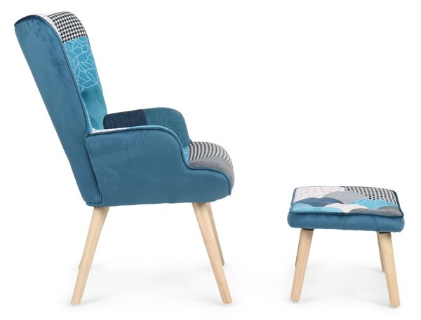 Relaxační křeslo ušák LISA + taburet — masiv, látka, modrý patchwork
