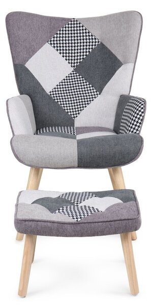 Relaxační křeslo ušák LISA + taburet — masiv, látka, černobílý patchwork